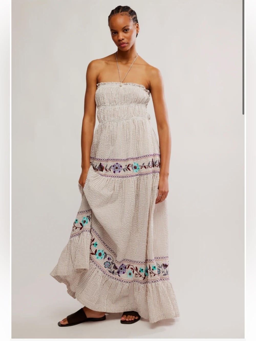 FREE PEOPLE EMBROIDERED STRIPED KALANI COTTON DRESS